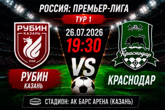 ⚽ Прогноз на матч Рубин – Краснодар 26 июля 2026 | Ставка с коэффициентом 2.12 на центральную игру тура